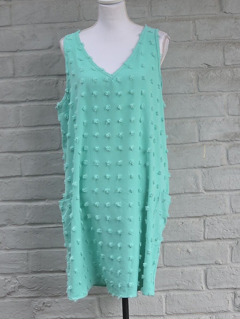 TECREW Mint Green Swiss Dot Sleeveless V-Neck Tank Dress with Pockets